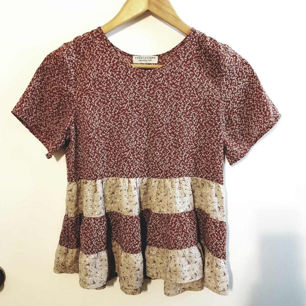 Paper Crane Floral Dainty Baby Doll Red Rust Cream Top Tiered Peplum Prairie XS